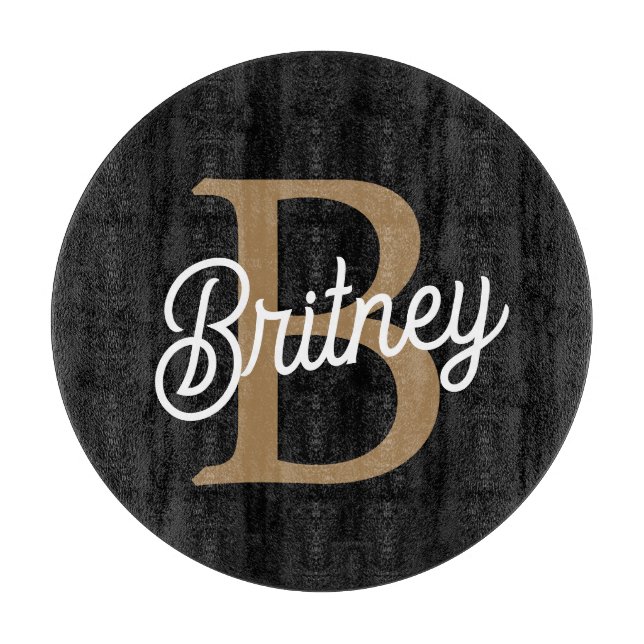 Modern Elegant Monogram Name  Black Gold Script  Cutting Board (Front)