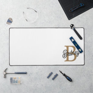 Modern Elegant Monogram Name  Black Gold Script  Desk Mat