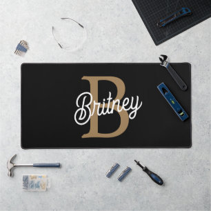 Modern Elegant Monogram Name  Black Gold Script  Desk Mat