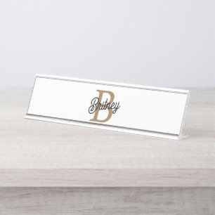 Modern Elegant Monogram Name  Black Gold Script  Desk Name Plate