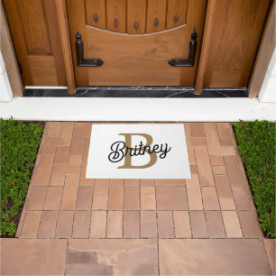 Modern Elegant Monogram Name  Black Gold Script  Doormat