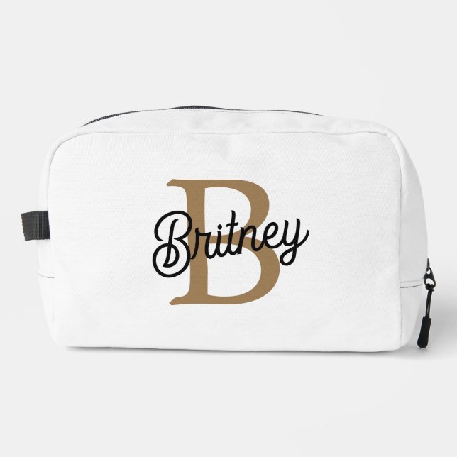 Modern Elegant Monogram Name  Black Gold Script  Dopp Kit (Front)
