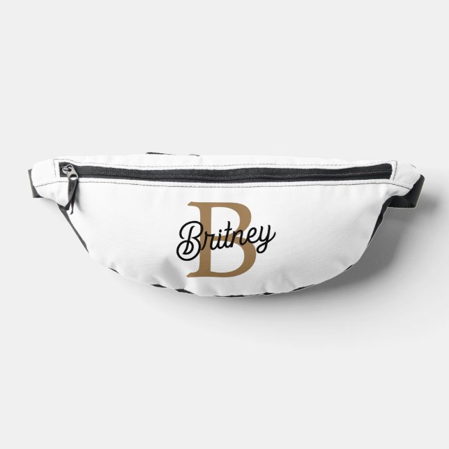 Modern Elegant Monogram Name  Black Gold Script  Fanny Pack (Lay Down)