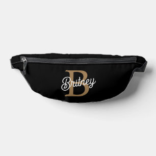 Modern Elegant Monogram Name  Black Gold Script  Fanny Pack