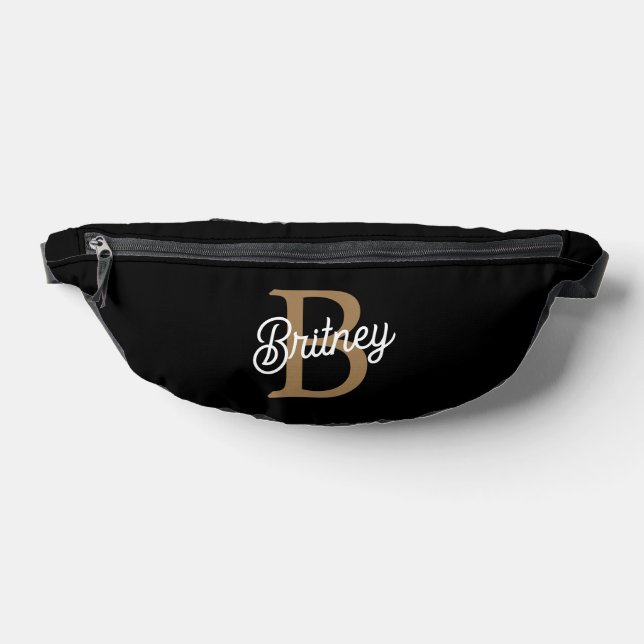 Modern Elegant Monogram Name  Black Gold Script  Fanny Pack (Lay Down)