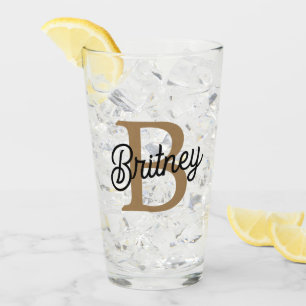 Modern Elegant Monogram Name Black Gold Script Glass