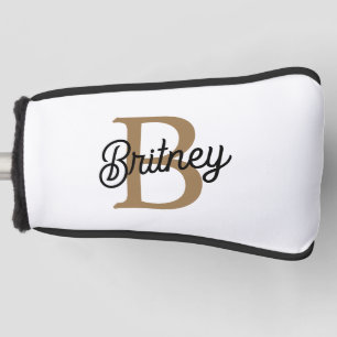 Modern Elegant Monogram Name  Black Gold Script  Golf Head Cover