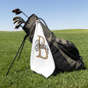 Modern Elegant Monogram Name  Black Gold Script  Golf Towel