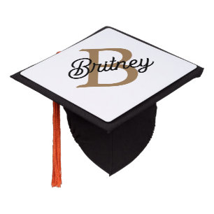 Modern Elegant Monogram Name  Black Gold Script  Graduation Cap Topper