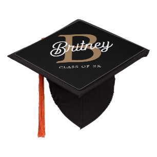 Modern Elegant Monogram Name  Black Gold Script  Graduation Cap Topper