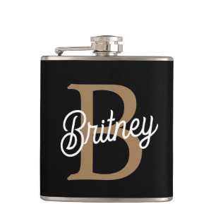 Modern Elegant Monogram Name Black Gold Script Hip Flask