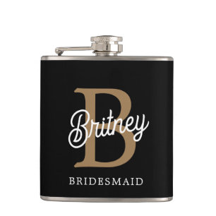 Modern Elegant Monogram Name Black Gold Script Hip Flask