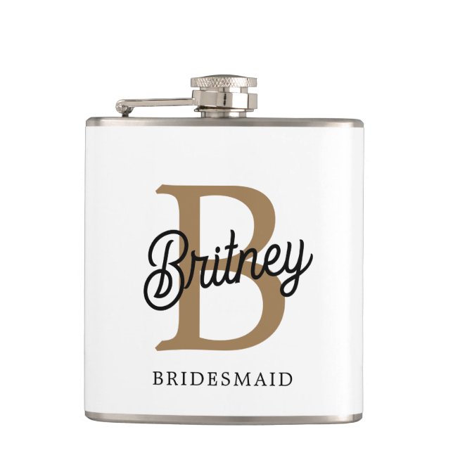 Modern Elegant Monogram Name  Black Gold Script  Hip Flask (Front)