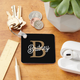 Modern Elegant Monogram Name  Black Gold Script  Keychain