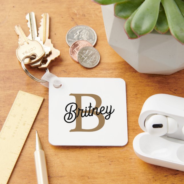 Modern Elegant Monogram Name  Black Gold Script  Keychain (Desk)