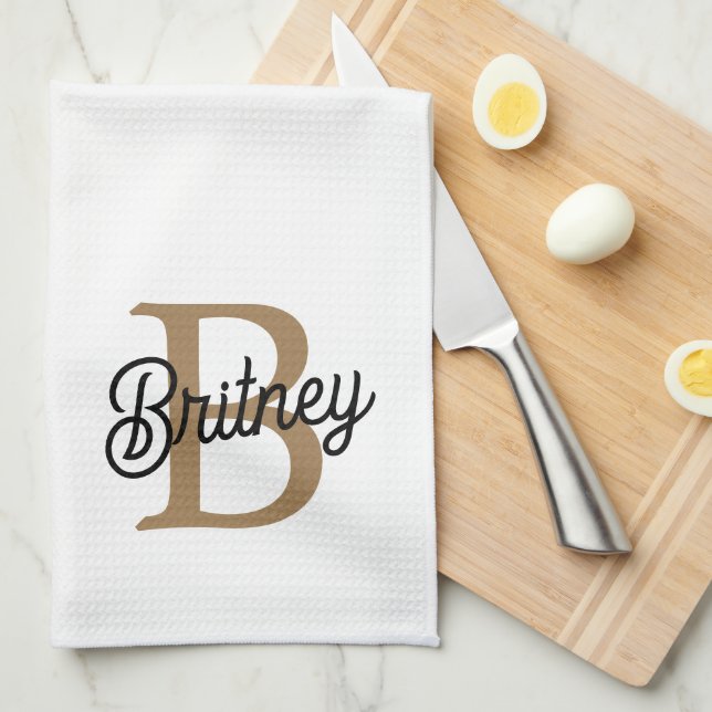 Modern Elegant Monogram Name  Black Gold Script  Kitchen Towel (Quarter Fold)