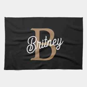 Modern Elegant Monogram Name Black Gold Script Kitchen Towel