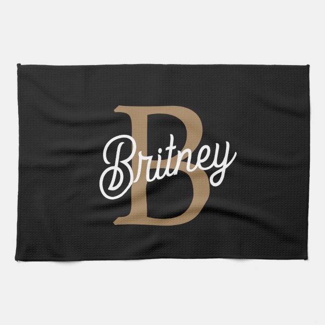 Modern Elegant Monogram Name  Black Gold Script  Kitchen Towel (Horizontal)