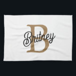 Modern Elegant Monogram Name  Black Gold Script  Kitchen Towel<br><div class="desc">The Modern Elegant Monogram Name Black Gold Script Kitchen Towel is a chic and functional accessory for any kitchen. It features a stylish black background with elegant gold script, customizable with a monogram and name, offering a personal touch. Made from high-quality, absorbent fabric, this kitchen towel is perfect for drying...</div>