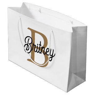 Modern Elegant Monogram Name  Black Gold Script  Large Gift Bag