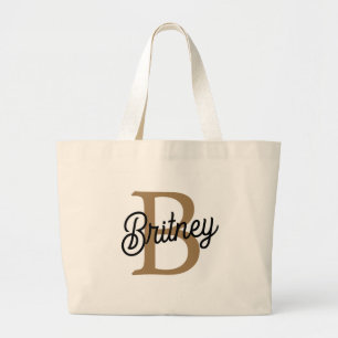 Modern Elegant Monogram Name  Black Gold Script  Large Tote Bag