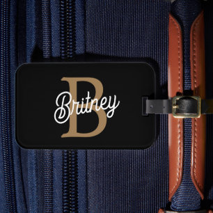 Modern Elegant Monogram Name  Black Gold Script  Luggage Tag