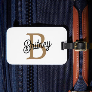 Modern Elegant Monogram Name  Black Gold Script  Luggage Tag