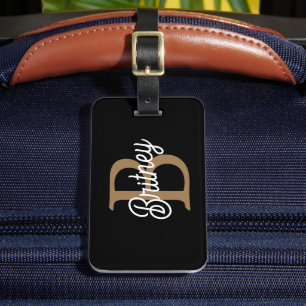 Modern Elegant Monogram Name Black Gold Script Luggage Tag