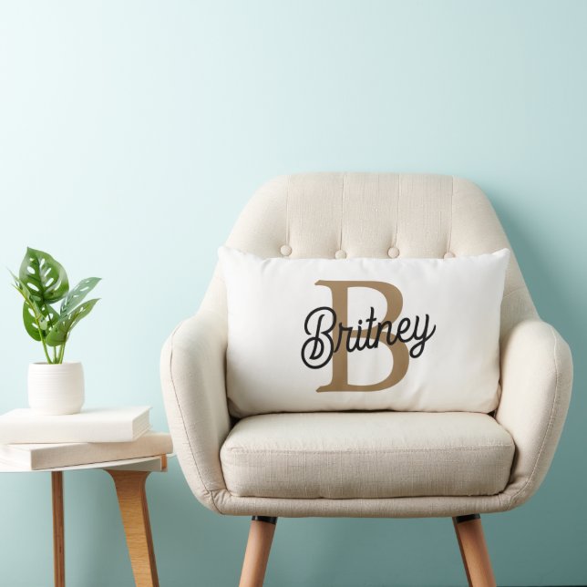 Modern Elegant Monogram Name  Black Gold Script  Lumbar Pillow (Chair)