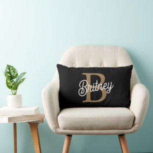 Modern Elegant Monogram Name  Black Gold Script  Lumbar Pillow