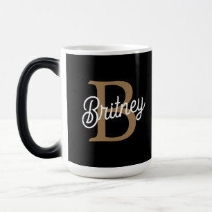 Modern Elegant Monogram Name Black Gold Script Magic Mug
