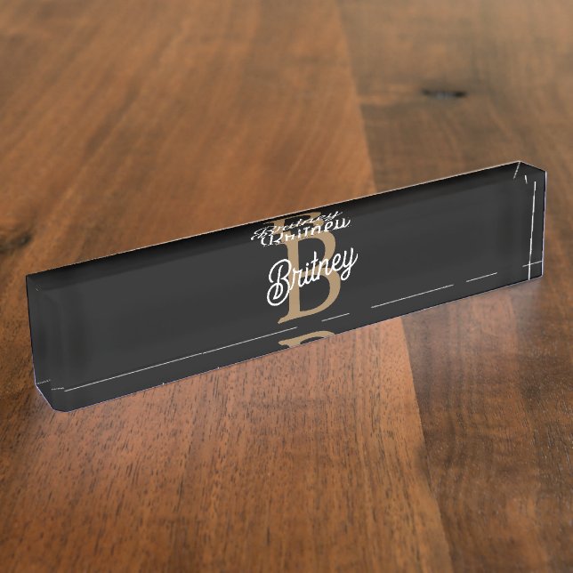 Modern Elegant Monogram Name  Black Gold Script  Nameplate (Side)