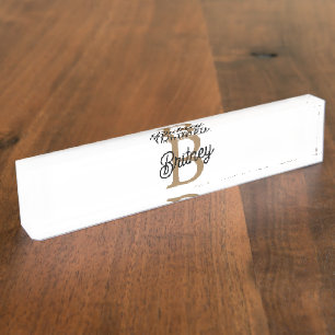 Modern Elegant Monogram Name Black Gold Script Nameplate