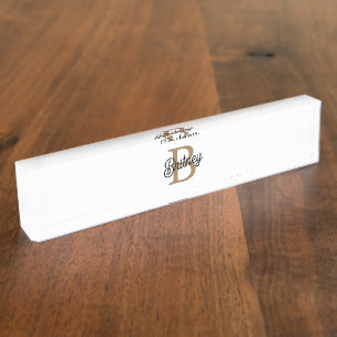 Modern Elegant Monogram Name  Black Gold Script  Nameplate