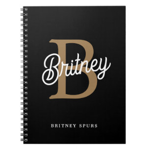 Modern Elegant Monogram Name  Black Gold Script  Notebook