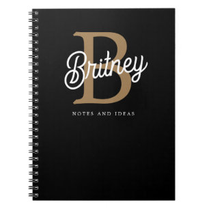 Modern Elegant Monogram Name Black Gold Script Notebook