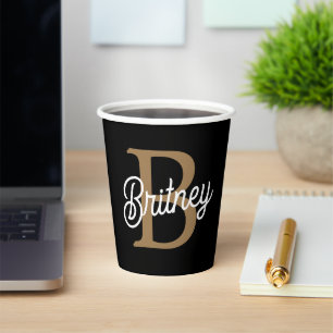 Modern Elegant Monogram Name Black Gold Script Paper Cups