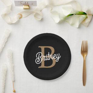 Modern Elegant Monogram Name  Black Gold Script  Paper Plate