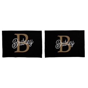 Modern Elegant Monogram Name  Black Gold Script  Pillowcase