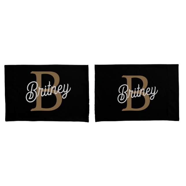 Modern Elegant Monogram Name  Black Gold Script  Pillowcase (Front-Set)