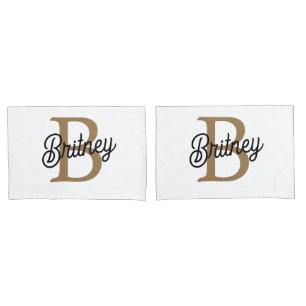 Modern Elegant Monogram Name Black Gold Script Pillowcase