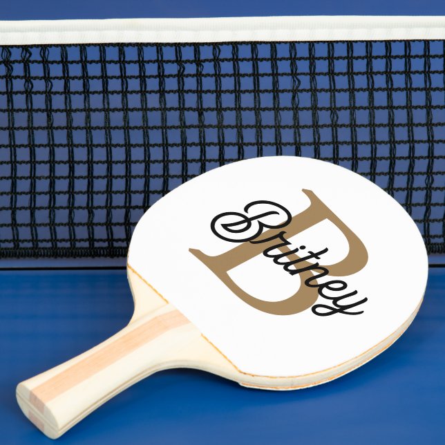 Modern Elegant Monogram Name  Black Gold Script  Ping Pong Paddle (Insitu)