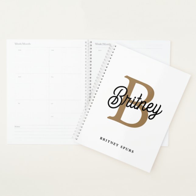 Modern Elegant Monogram Name Black Gold Script Planner (Display)