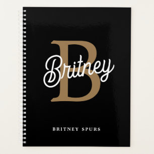 Modern Elegant Monogram Name Black Gold Script Planner