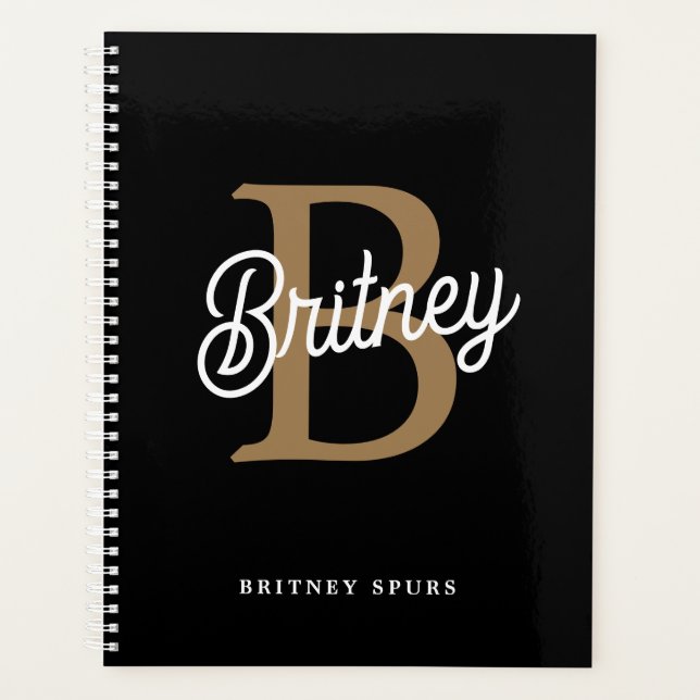 Modern Elegant Monogram Name Black Gold Script Planner (Front)