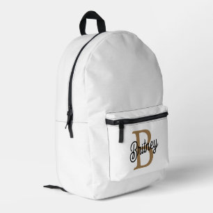 Modern Elegant Monogram Name Black Gold Script Printed Backpack