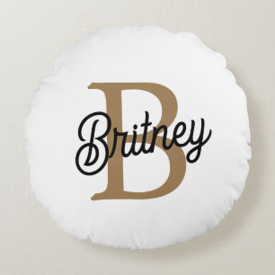 Modern Elegant Monogram Name  Black Gold Script  Round Pillow