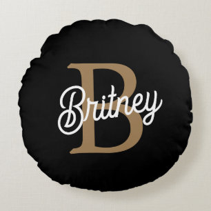Modern Elegant Monogram Name  Black Gold Script  Round Pillow