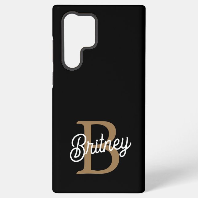 Modern Elegant Monogram Name  Black Gold Script  Samsung Galaxy S22 Ultra Case (Back)