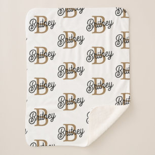 Modern Elegant Monogram Name  Black Gold Script  Sherpa Blanket